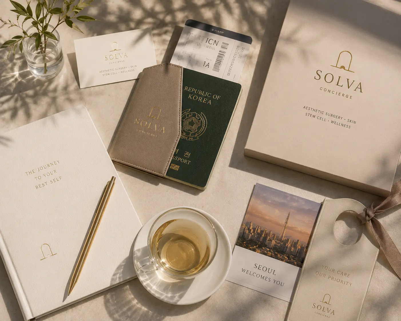 ชุดต้อนรับ SOLVA Concierge พร้อมพาสปอร์ต ตั๋วเครื่องบินไปโซล และสมุดบันทึก